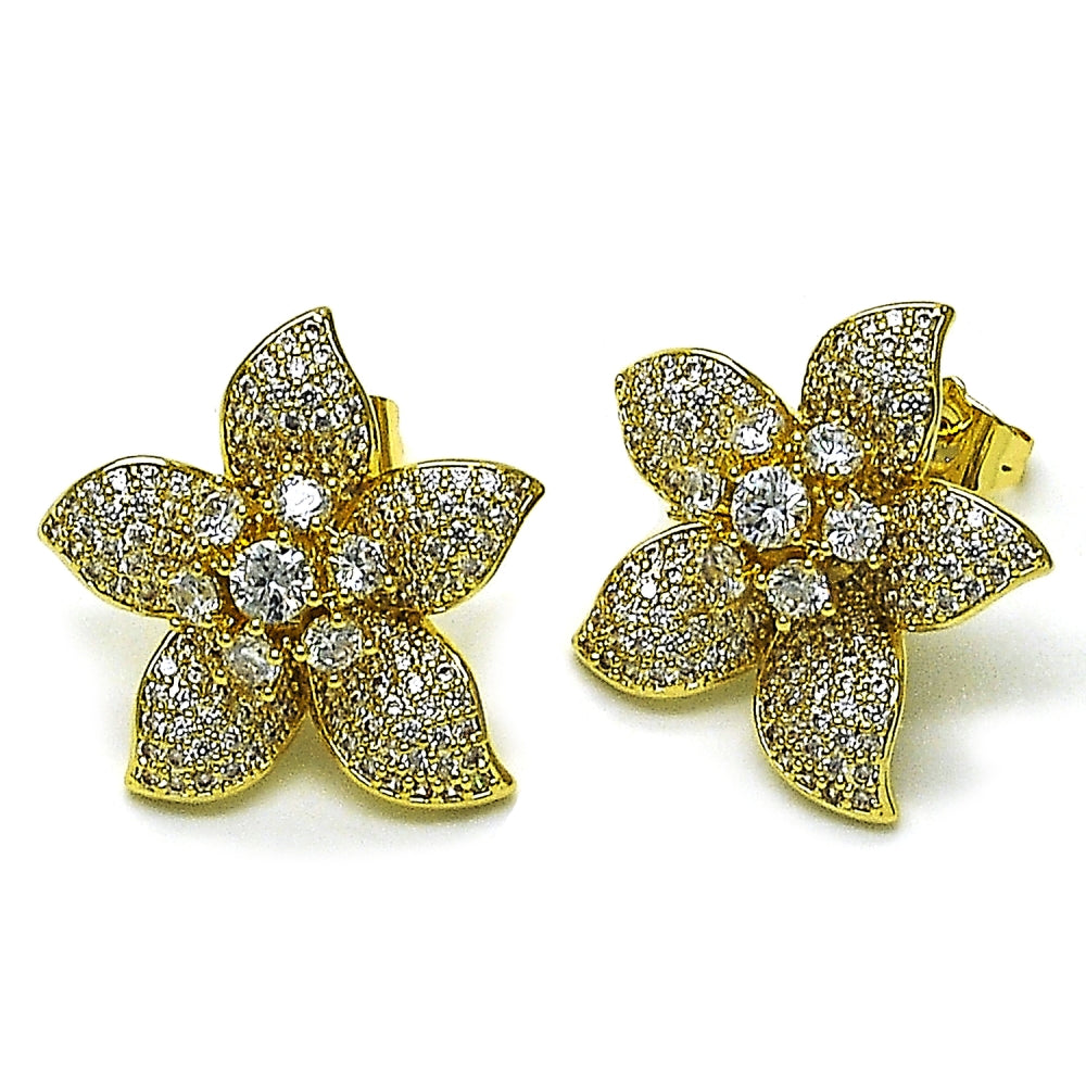 Oro Laminado Stud Earring, Gold Filled Style Flower Design, with White Cubic Zirconia and White Micro Pave, Polished, Golden Finish