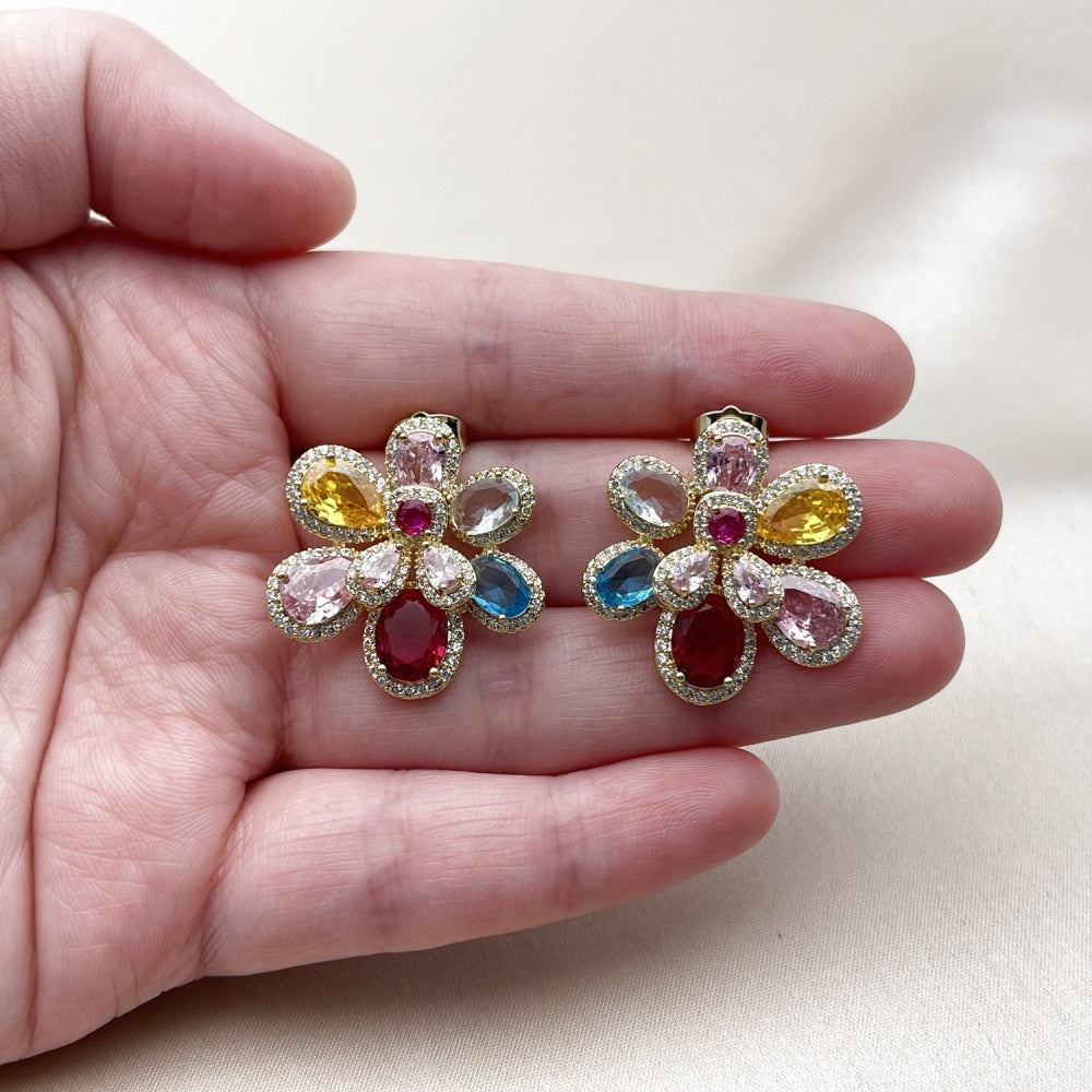 Oro Laminado Stud Earring, Gold Filled Style Flower and Teardrop Design, with Multicolor Cubic Zirconia and White Micro Pave, Polished, Golden Finish