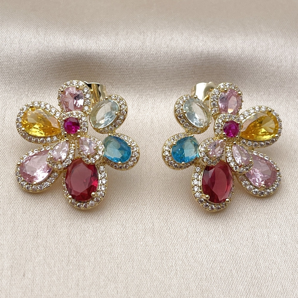 Oro Laminado Stud Earring, Gold Filled Style Flower and Teardrop Design, with Multicolor Cubic Zirconia and White Micro Pave, Polished, Golden Finish