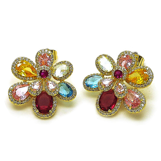 Oro Laminado Stud Earring, Gold Filled Style Flower and Teardrop Design, with Multicolor Cubic Zirconia and White Micro Pave, Polished, Golden Finish