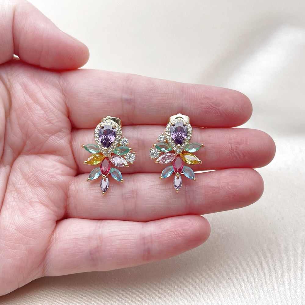 Oro Laminado Stud Earring, Gold Filled Style Teardrop and Cluster Design, with Multicolor Cubic Zirconia and White Micro Pave, Polished, Golden Finish