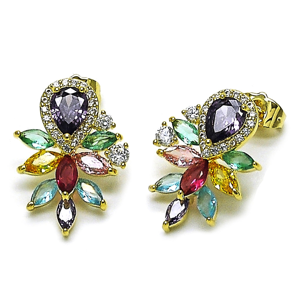 Oro Laminado Stud Earring, Gold Filled Style Teardrop and Cluster Design, with Multicolor Cubic Zirconia and White Micro Pave, Polished, Golden Finish