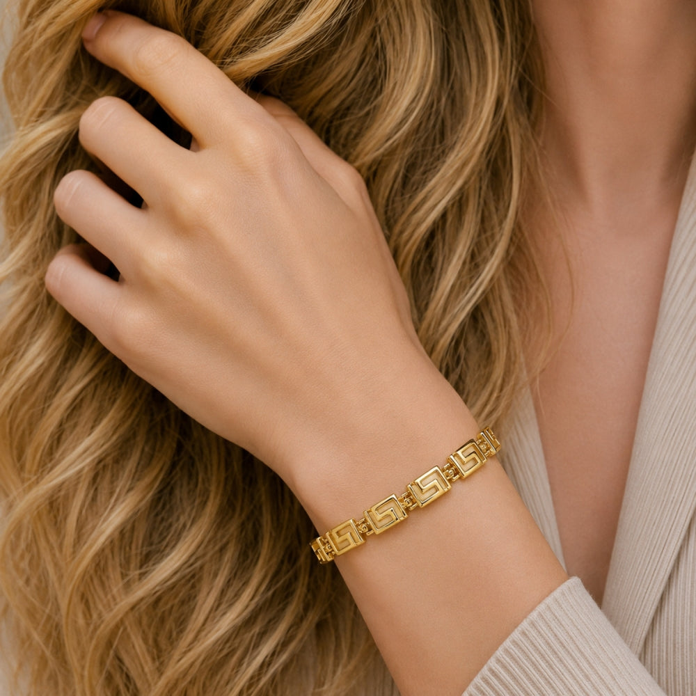 Oro Laminado Solid Bracelet, Gold Filled Style Greek Key Design, Polished, Golden Finish
