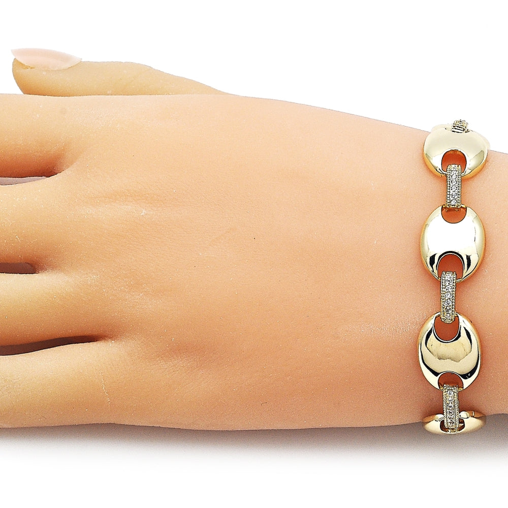 Oro Laminado Fancy Bracelet, Gold Filled Style Puff Mariner and Box Lock Design, with White Cubic Zirconia, Polished, Golden Finish