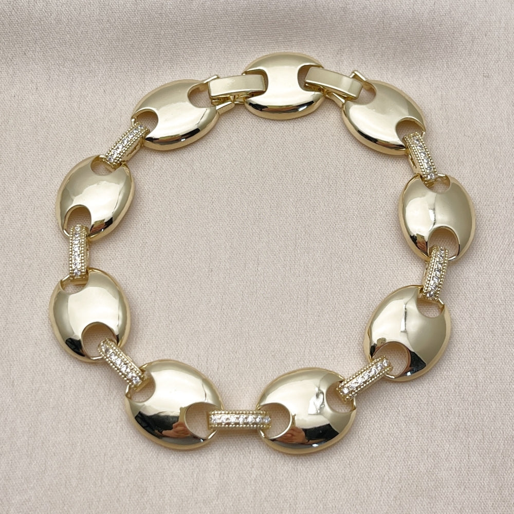 Oro Laminado Fancy Bracelet, Gold Filled Style Puff Mariner and Box Lock Design, with White Cubic Zirconia, Polished, Golden Finish