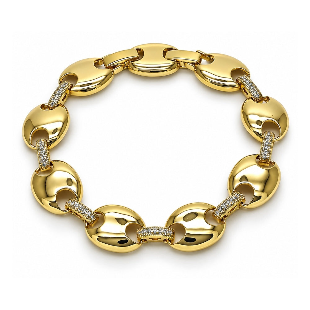 Oro Laminado Fancy Bracelet, Gold Filled Style Puff Mariner and Box Lock Design, with White Cubic Zirconia, Polished, Golden Finish