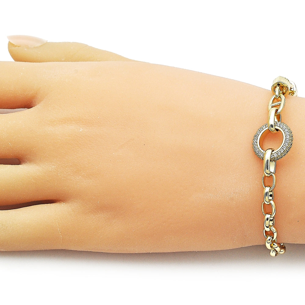 Oro Laminado Fancy Bracelet, Gold Filled Style Mariner and Puff Mariner Design, with White Micro Pave, Polished, Golden Finish