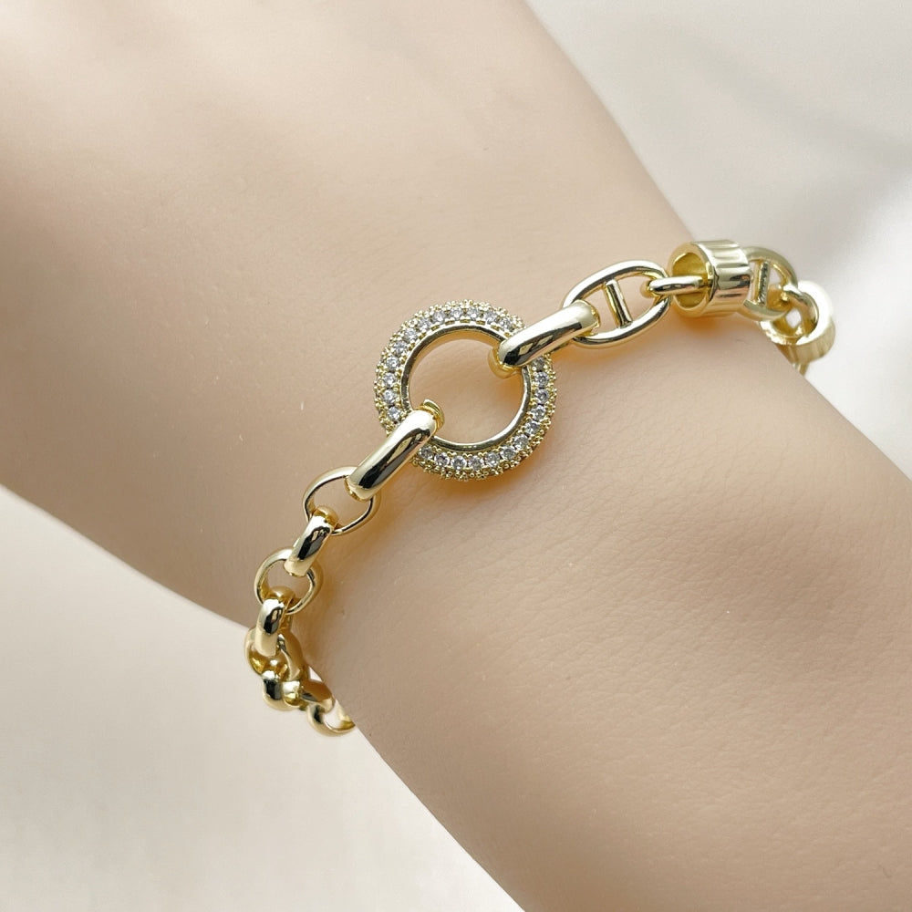 Oro Laminado Fancy Bracelet, Gold Filled Style Mariner and Puff Mariner Design, with White Micro Pave, Polished, Golden Finish