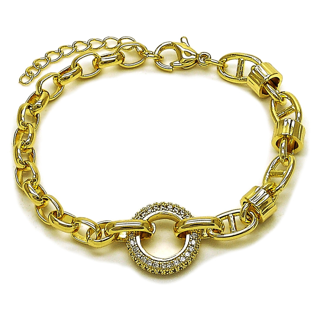 Oro Laminado Fancy Bracelet, Gold Filled Style Mariner and Puff Mariner Design, with White Micro Pave, Polished, Golden Finish