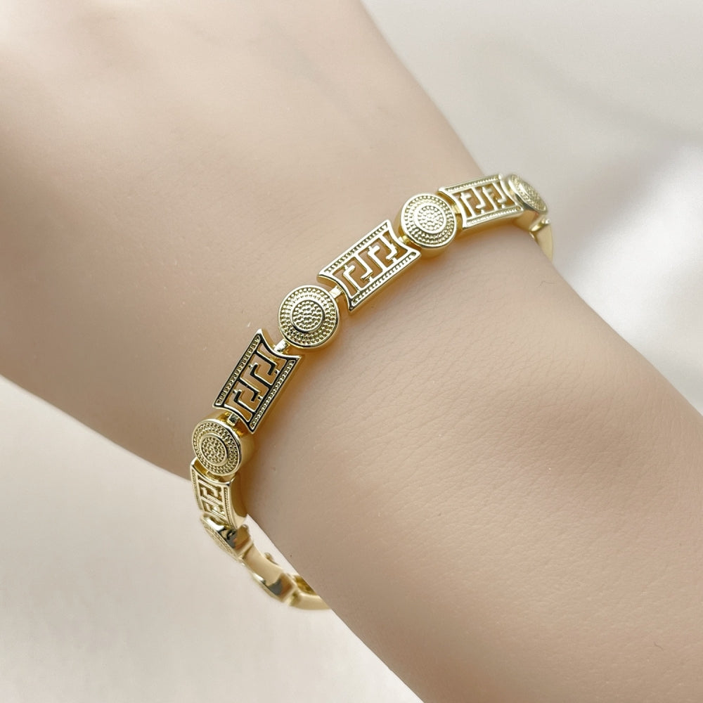 Oro Laminado Solid Bracelet, Gold Filled Style Greek Key Design, Polished, Golden Finish