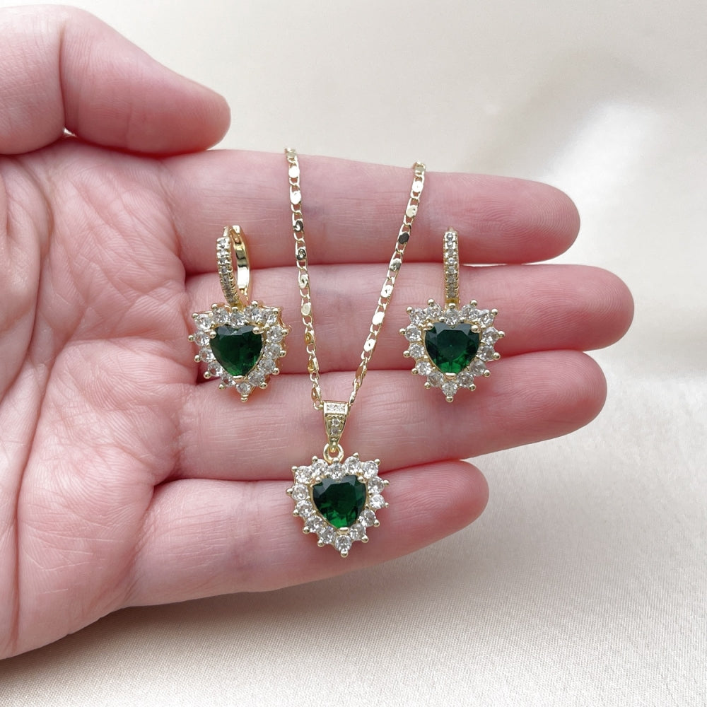 Oro Laminado Earring and Pendant Adult Set, Gold Filled Style Heart and Cluster Design, with Green and White Cubic Zirconia, Polished, Golden Finish