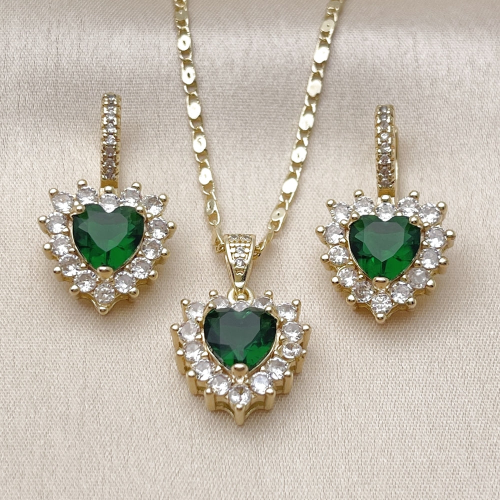 Oro Laminado Earring and Pendant Adult Set, Gold Filled Style Heart and Cluster Design, with Green and White Cubic Zirconia, Polished, Golden Finish