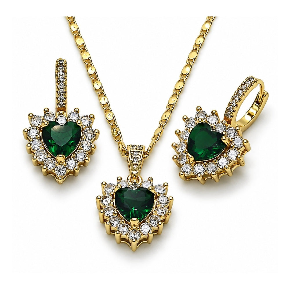 Oro Laminado Earring and Pendant Adult Set, Gold Filled Style Heart and Cluster Design, with Green and White Cubic Zirconia, Polished, Golden Finish