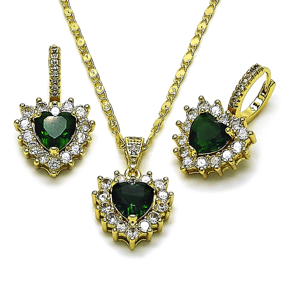 Oro Laminado Earring and Pendant Adult Set, Gold Filled Style Heart and Cluster Design, with Green and White Cubic Zirconia, Polished, Golden Finish