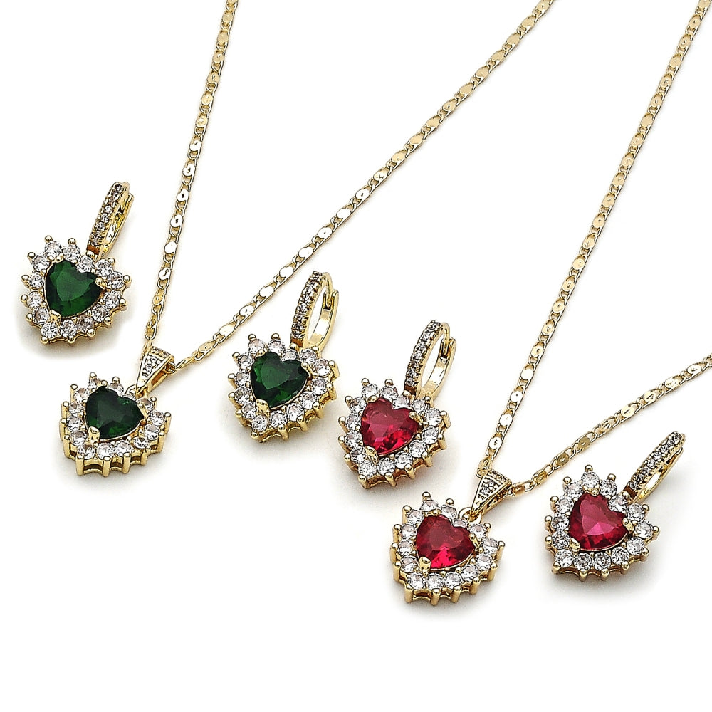 Oro Laminado Earring and Pendant Adult Set, Gold Filled Style Heart and Cluster Design, with Green and White Cubic Zirconia, Polished, Golden Finish