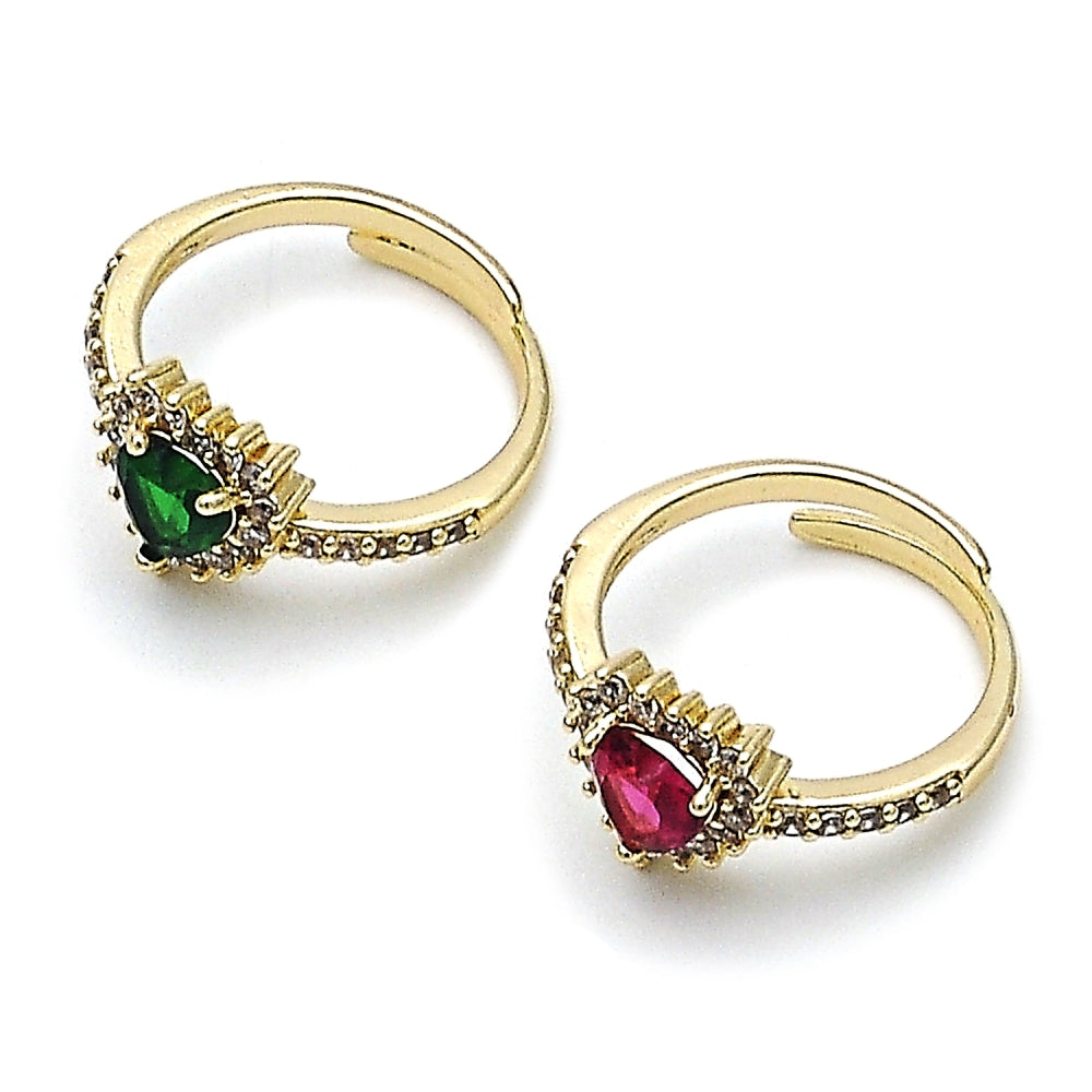 Oro Laminado Multi Stone Ring, Gold Filled Style Heart and Cluster Design, with Green and White Cubic Zirconia, Polished, Golden Finish