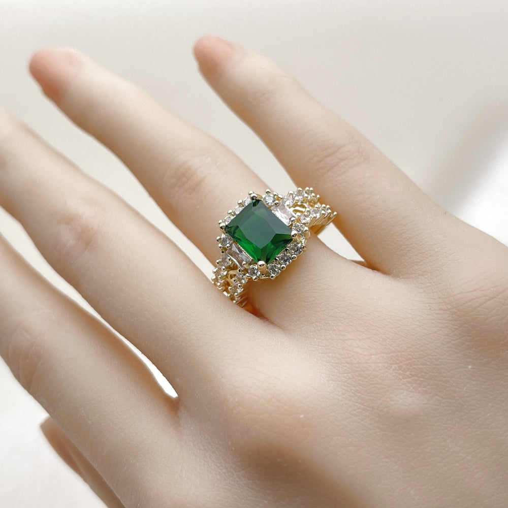 Oro Laminado Multi Stone Ring, Gold Filled Style Cluster and Baguette Design, with Green and White Cubic Zirconia, Polished, Golden Finish