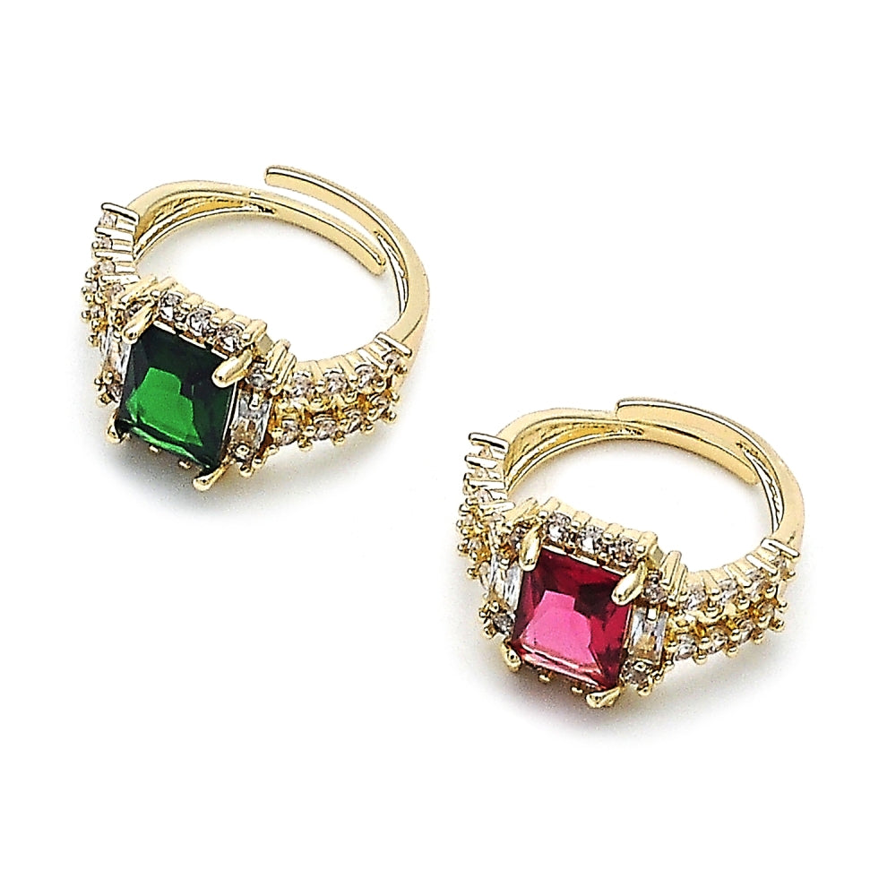 Oro Laminado Multi Stone Ring, Gold Filled Style Cluster and Baguette Design, with Green and White Cubic Zirconia, Polished, Golden Finish