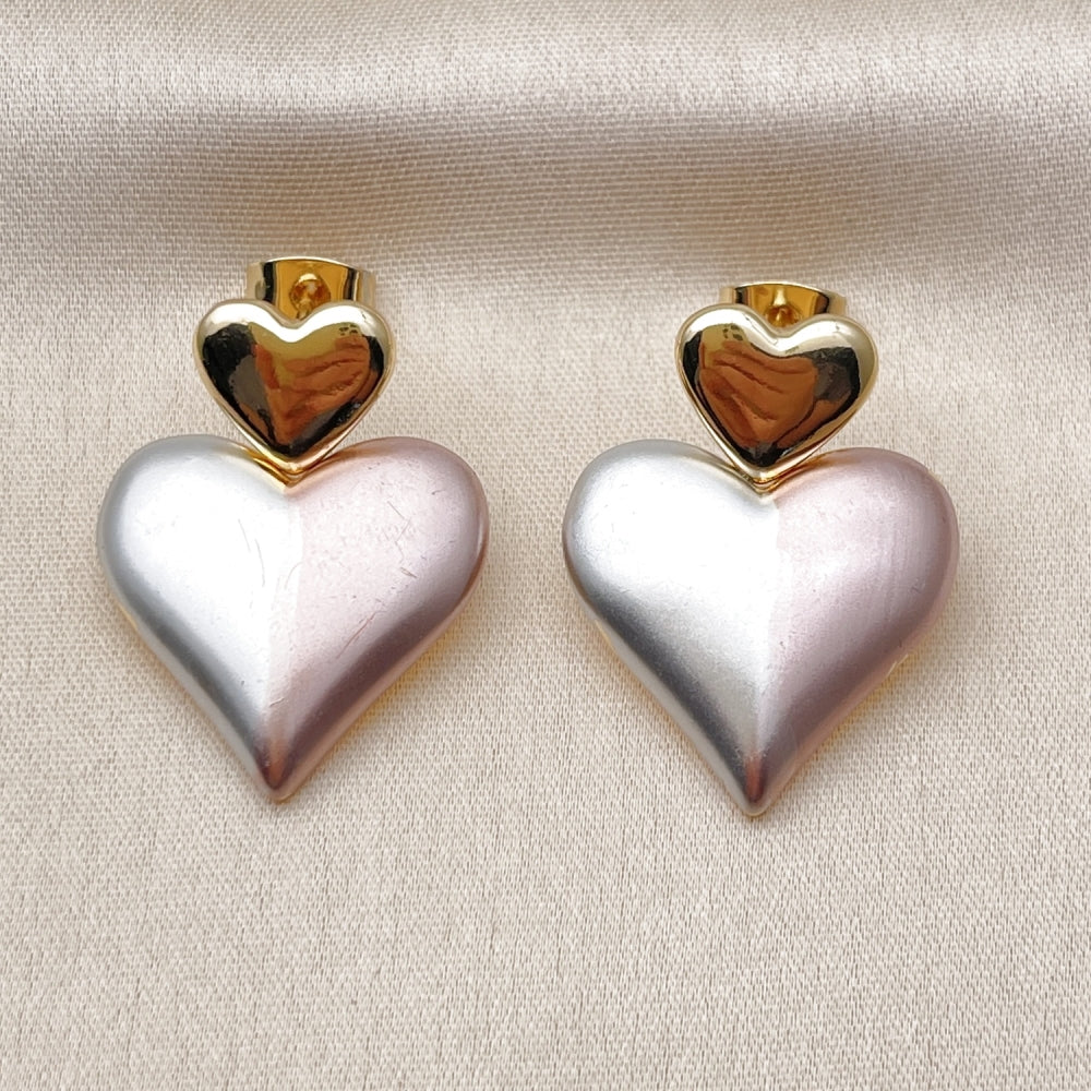 Oro Laminado Stud Earring, Gold Filled Style Heart Design, Polished, Tricolor