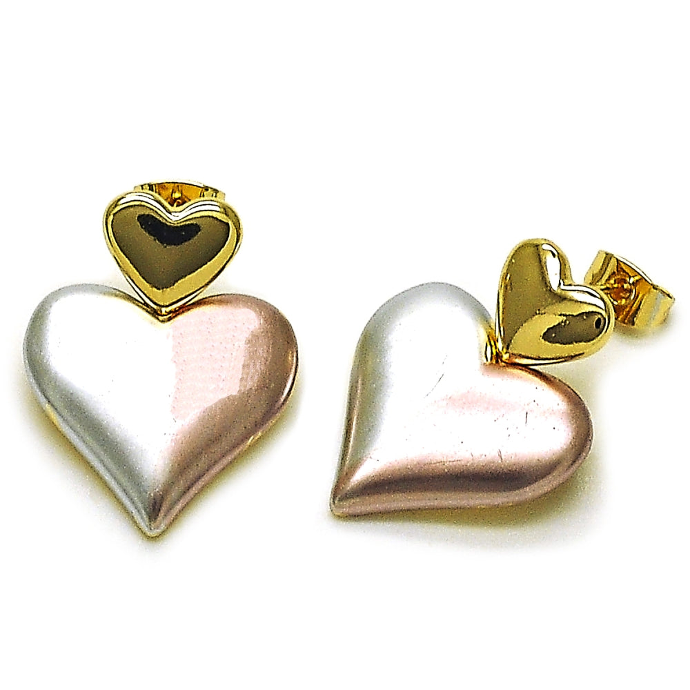 Oro Laminado Stud Earring, Gold Filled Style Heart Design, Polished, Tricolor