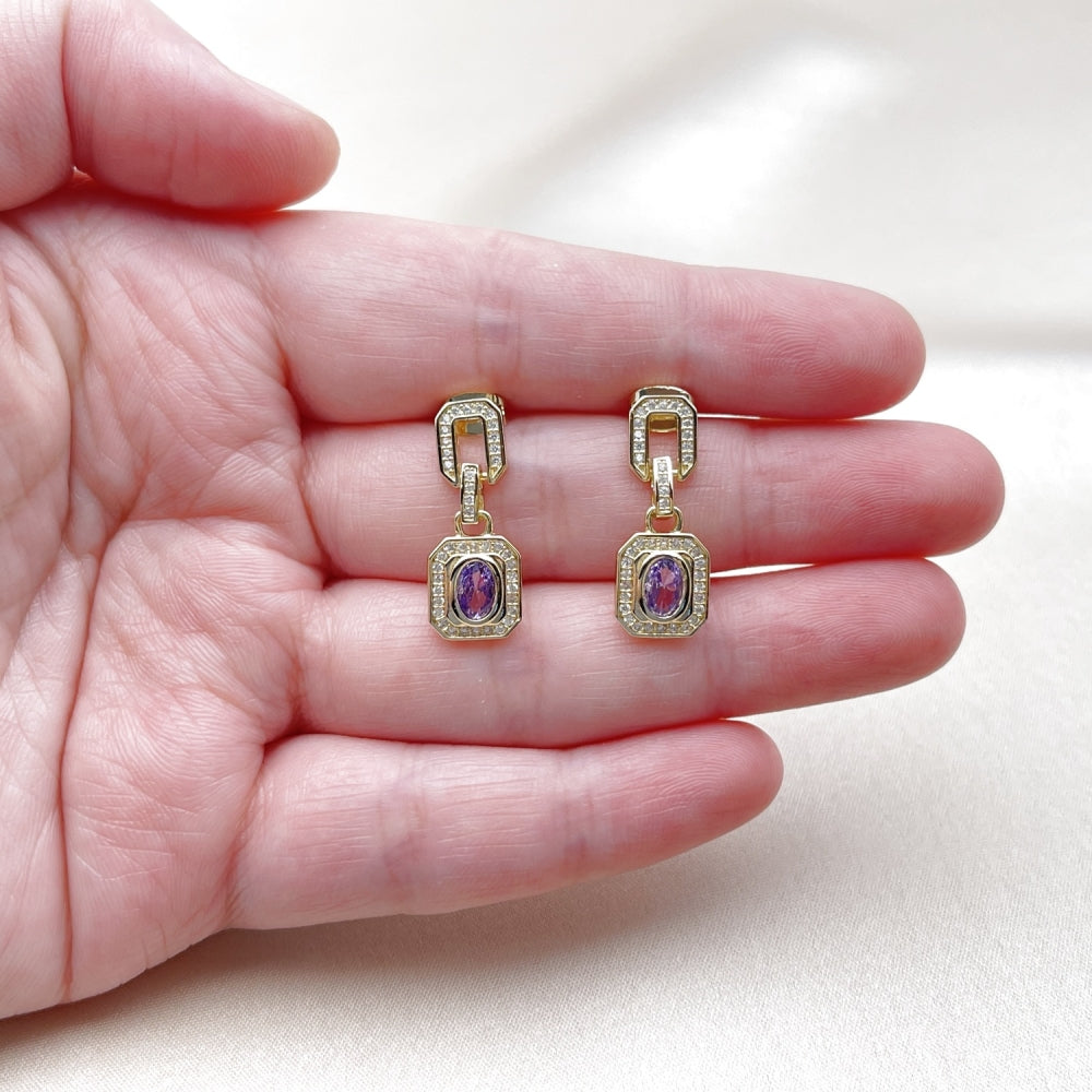 Oro Laminado Long Earring, Gold Filled Style Cluster and Belt Buckle Design, with Amethyst Cubic Zirconia and White Micro Pave, Polished, Golden Finish