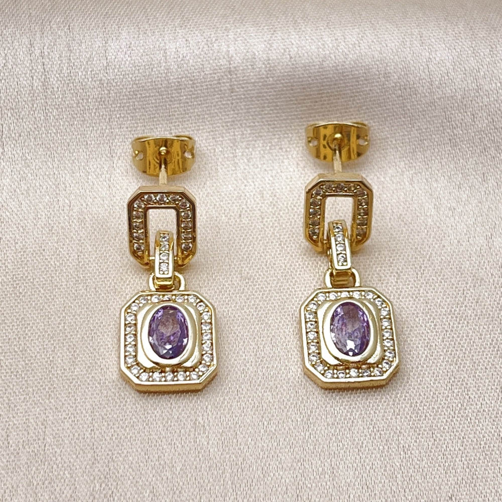 Oro Laminado Long Earring, Gold Filled Style Cluster and Belt Buckle Design, with Amethyst Cubic Zirconia and White Micro Pave, Polished, Golden Finish