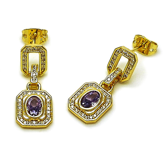 Oro Laminado Long Earring, Gold Filled Style Cluster and Belt Buckle Design, with Amethyst Cubic Zirconia and White Micro Pave, Polished, Golden Finish