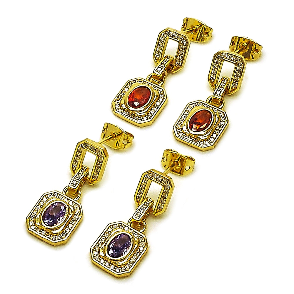 Oro Laminado Long Earring, Gold Filled Style Cluster and Belt Buckle Design, with Amethyst Cubic Zirconia and White Micro Pave, Polished, Golden Finish