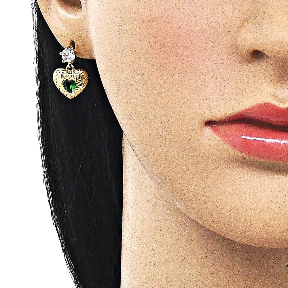 Oro Laminado Stud Earring, Gold Filled Style Heart Design, with Green and White Cubic Zirconia, Polished, Golden Finish