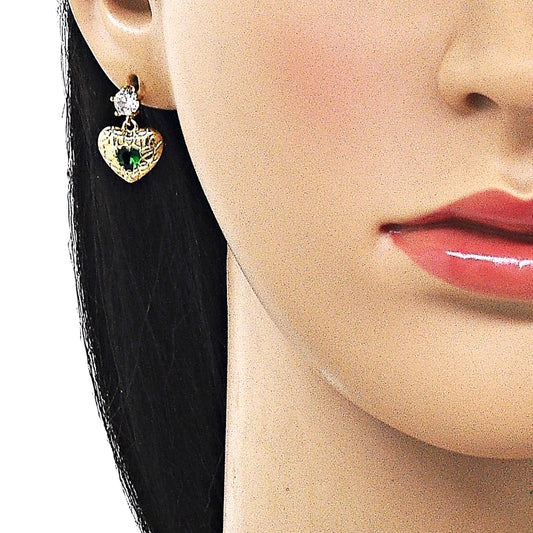 Oro Laminado Stud Earring, Gold Filled Style Heart Design, with Green and White Cubic Zirconia, Polished, Golden Finish
