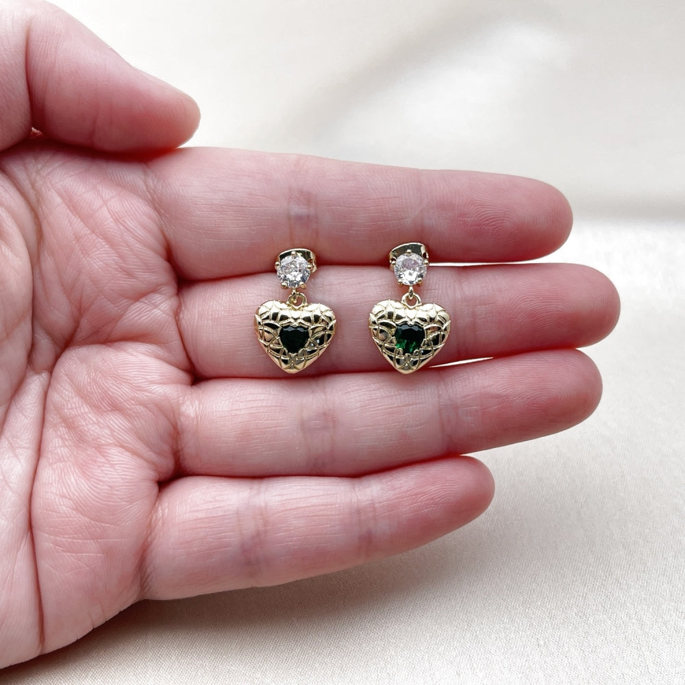 Oro Laminado Stud Earring, Gold Filled Style Heart Design, with Green and White Cubic Zirconia, Polished, Golden Finish