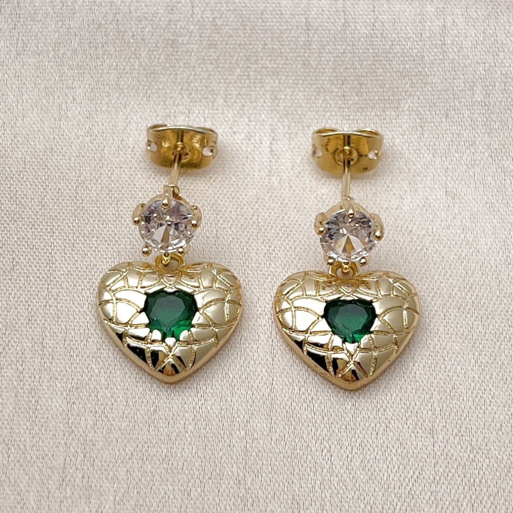 Oro Laminado Stud Earring, Gold Filled Style Heart Design, with Green and White Cubic Zirconia, Polished, Golden Finish