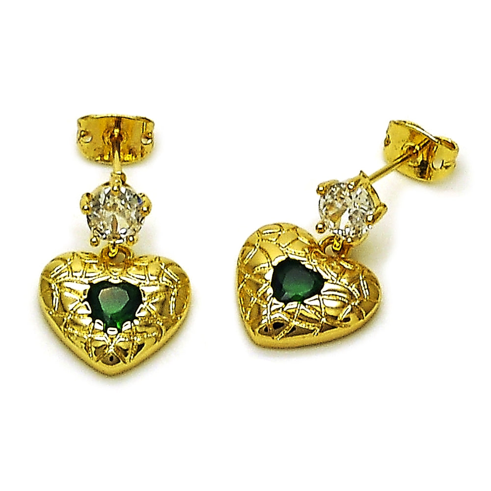 Oro Laminado Stud Earring, Gold Filled Style Heart Design, with Green and White Cubic Zirconia, Polished, Golden Finish