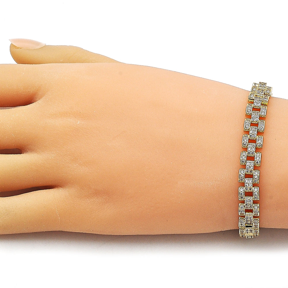 Oro Laminado Fancy Bracelet, Gold Filled Style with White Cubic Zirconia, Polished, Golden Finish