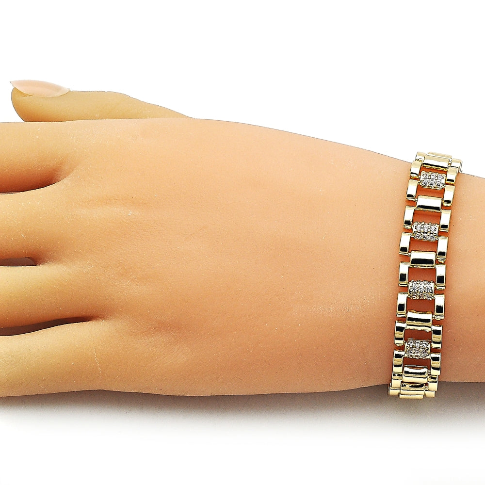 Oro Laminado Fancy Bracelet, Gold Filled Style with White Cubic Zirconia, Polished, Golden Finish