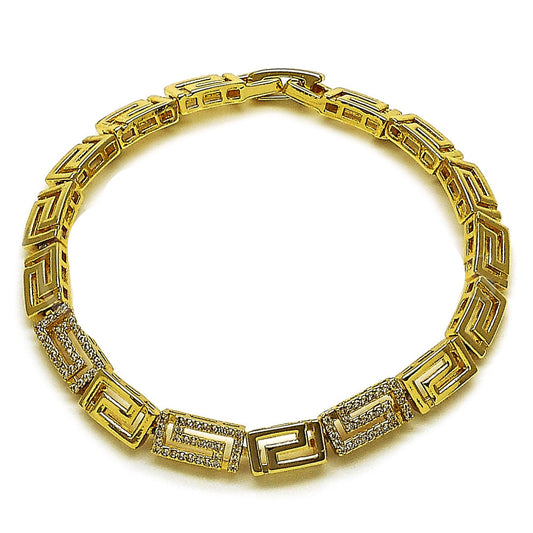 Oro Laminado Fancy Bracelet, Gold Filled Style Greek Key Design, with White Micro Pave, Polished, Golden Finish