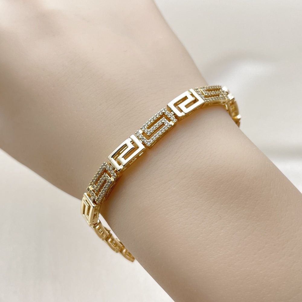 Oro Laminado Fancy Bracelet, Gold Filled Style Greek Key Design, with White Micro Pave, Polished, Golden Finish