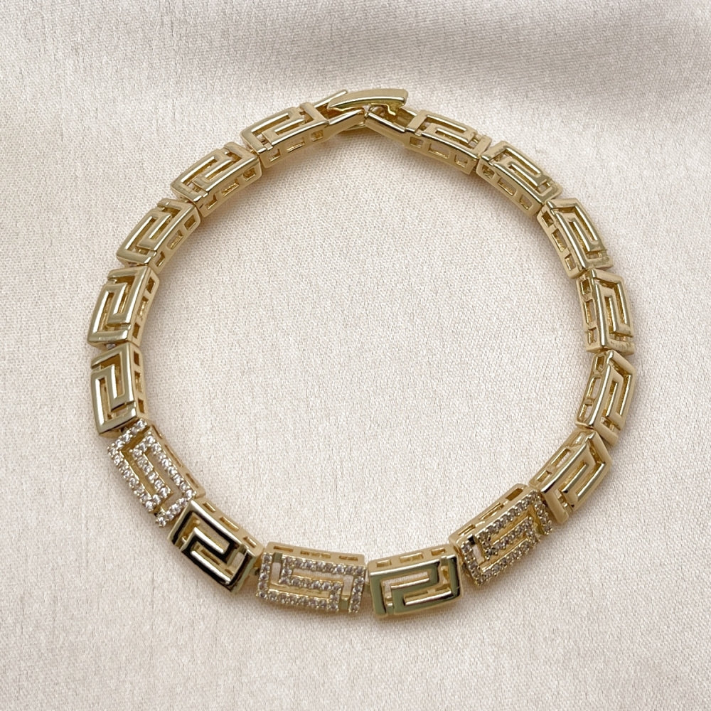 Oro Laminado Fancy Bracelet, Gold Filled Style Greek Key Design, with White Micro Pave, Polished, Golden Finish