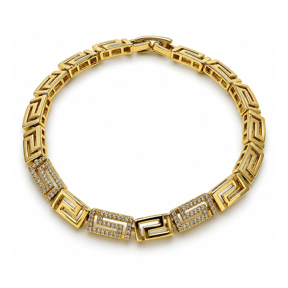 Oro Laminado Fancy Bracelet, Gold Filled Style Greek Key Design, with White Micro Pave, Polished, Golden Finish