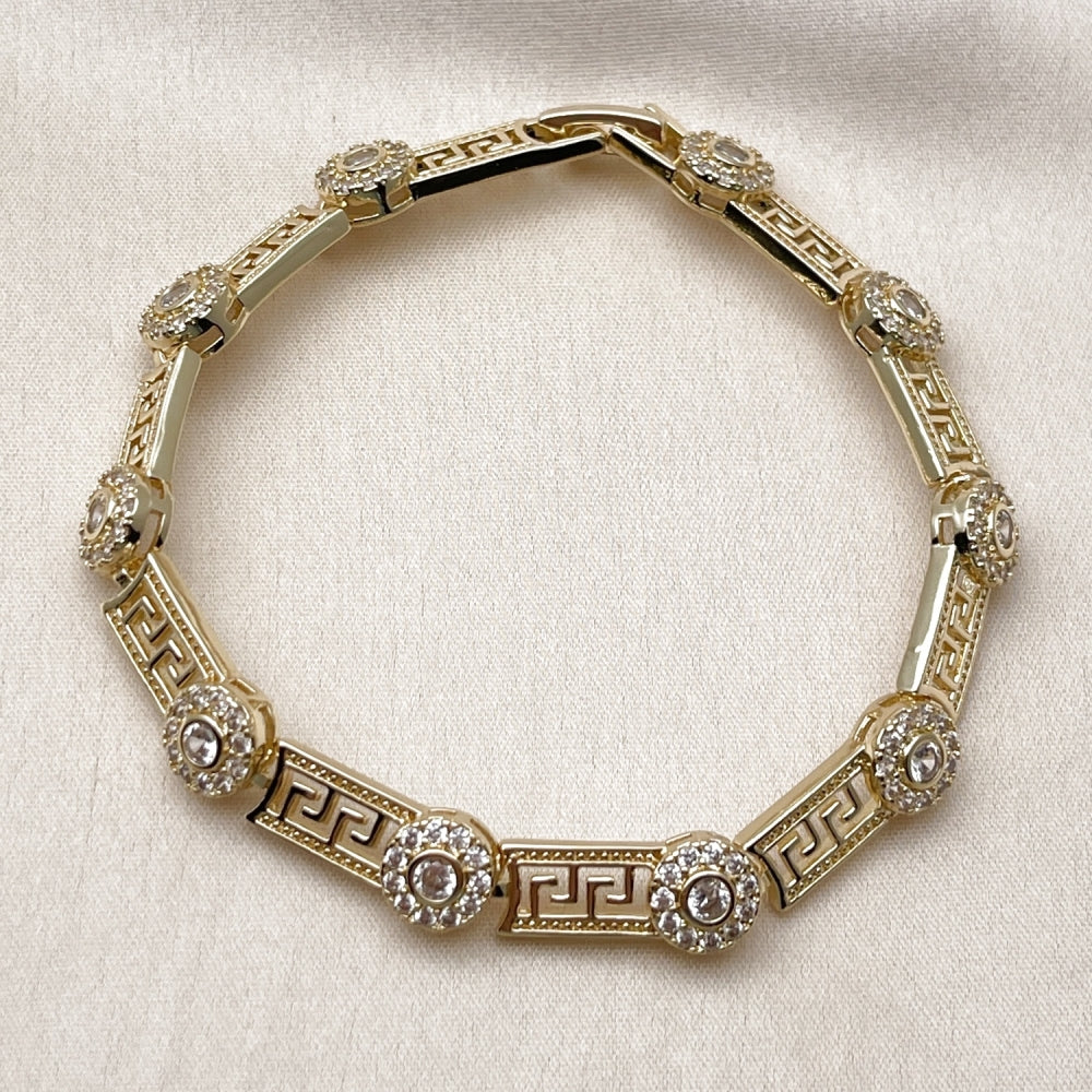 Oro Laminado Fancy Bracelet, Gold Filled Style Greek Key and Cluster Design, with White Cubic Zirconia, Polished, Golden Finish