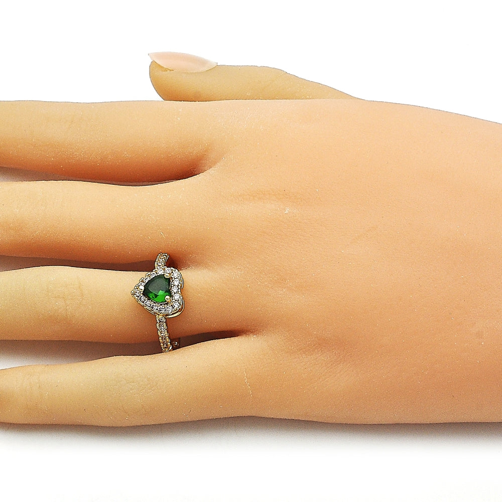 Oro Laminado Wedding Ring, Gold Filled Style Heart and Cluster Design, with Green and White Cubic Zirconia, Polished, Golden Finish
