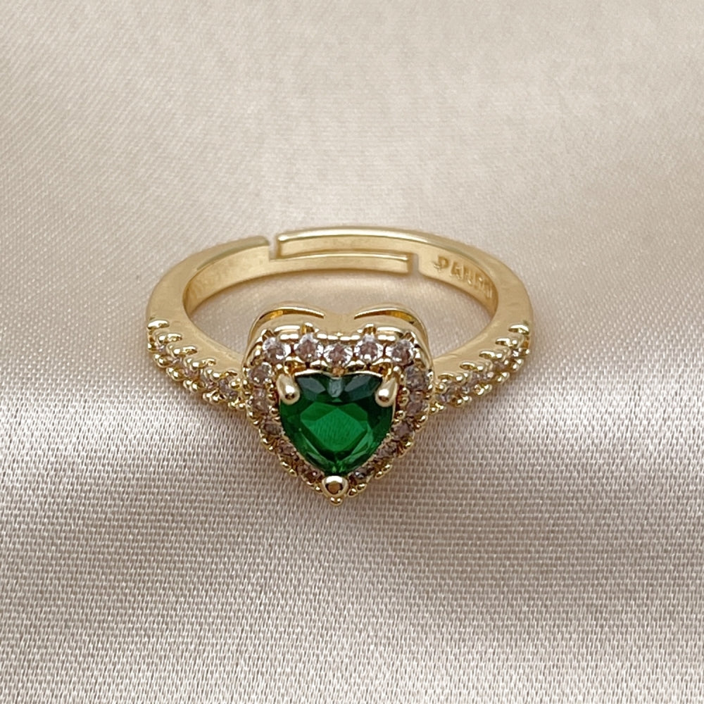 Oro Laminado Wedding Ring, Gold Filled Style Heart and Cluster Design, with Green and White Cubic Zirconia, Polished, Golden Finish