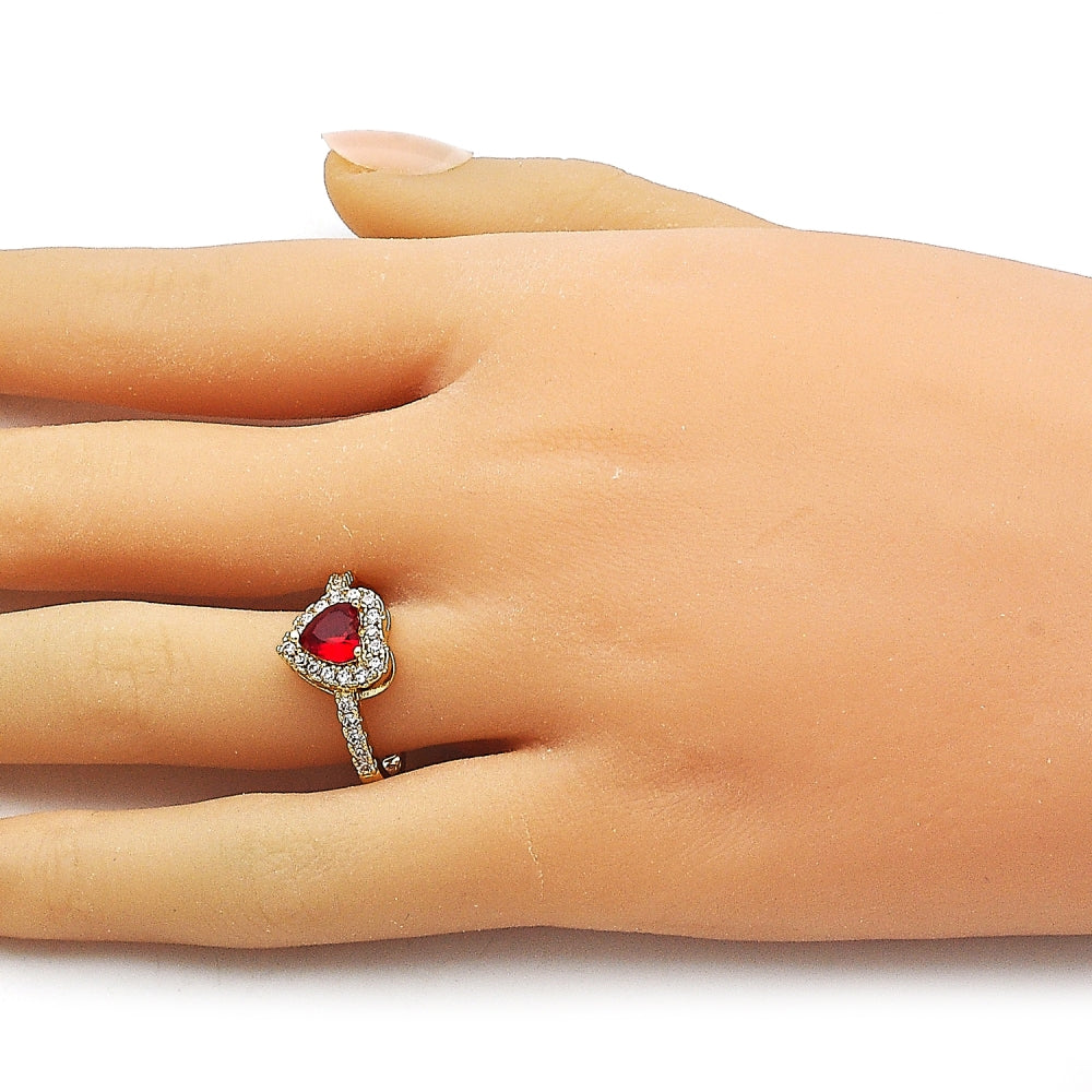 Oro Laminado Wedding Ring, Gold Filled Style Heart and Cluster Design, with Garnet and White Cubic Zirconia, Polished, Golden Finish
