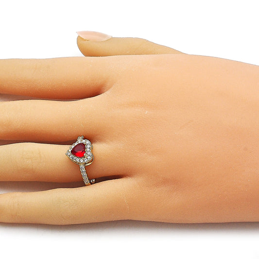 Oro Laminado Wedding Ring, Gold Filled Style Heart and Cluster Design, with Garnet and White Cubic Zirconia, Polished, Golden Finish