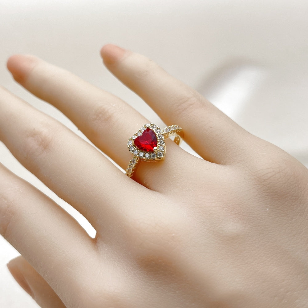 Oro Laminado Wedding Ring, Gold Filled Style Heart and Cluster Design, with Garnet and White Cubic Zirconia, Polished, Golden Finish