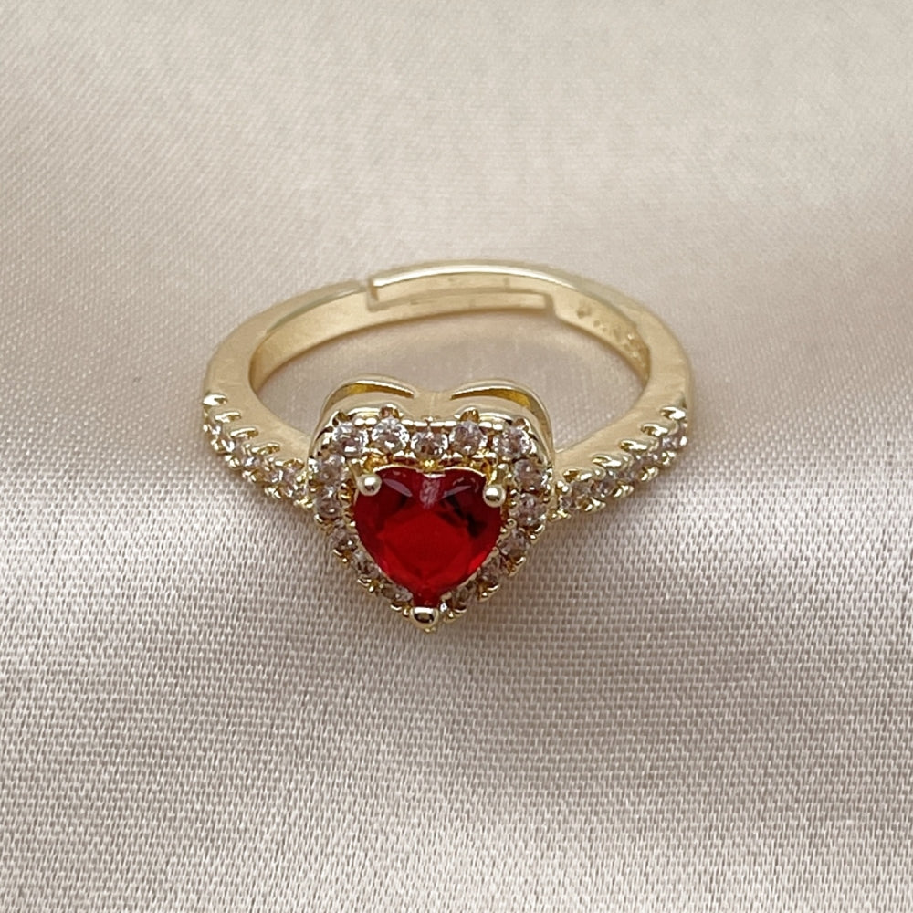 Oro Laminado Wedding Ring, Gold Filled Style Heart and Cluster Design, with Garnet and White Cubic Zirconia, Polished, Golden Finish