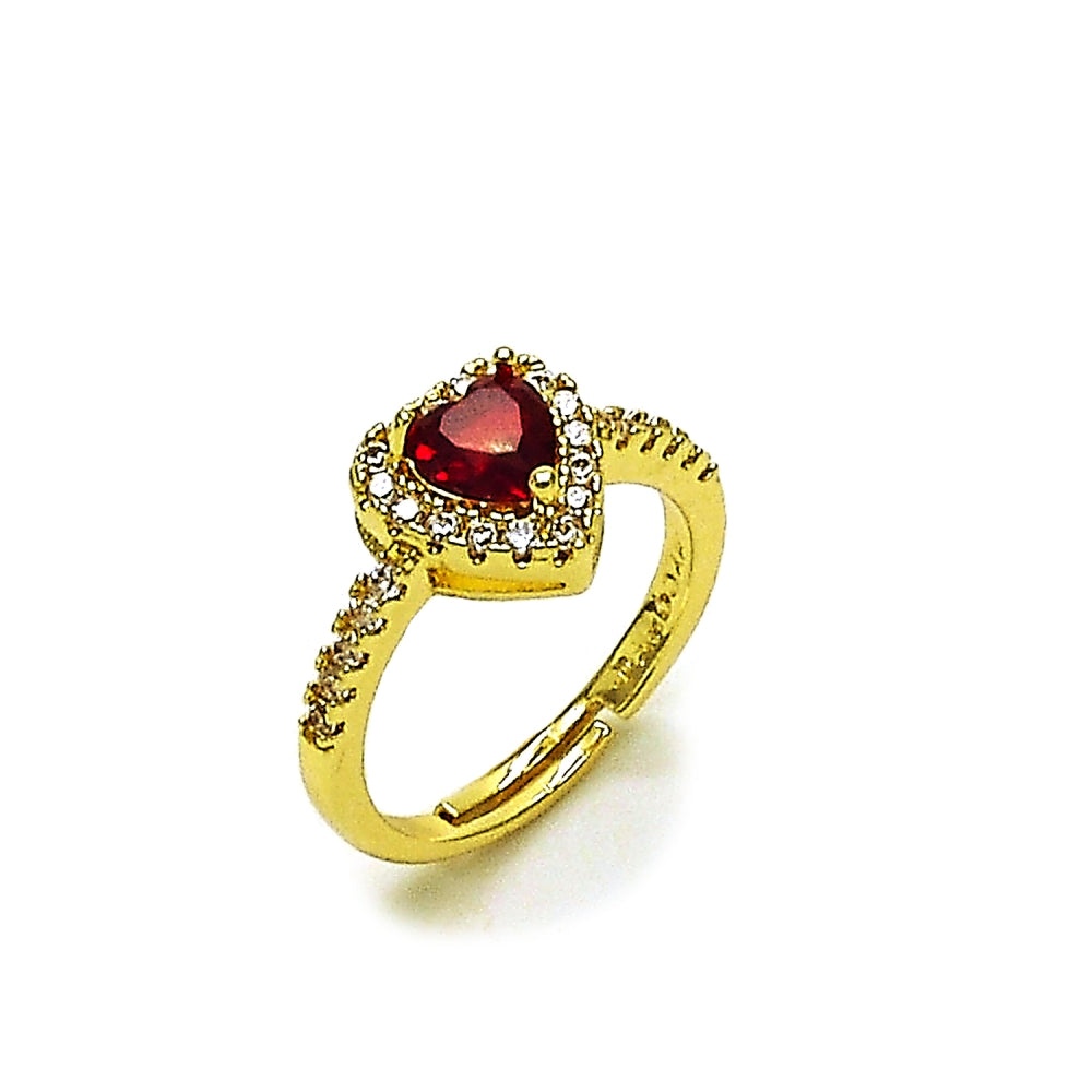 Oro Laminado Wedding Ring, Gold Filled Style Heart and Cluster Design, with Garnet and White Cubic Zirconia, Polished, Golden Finish