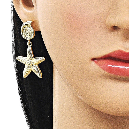 Oro Laminado Dangle Earring, Gold Filled Style Snail and Star Design, Matte Finish, Golden Finish