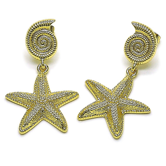 Oro Laminado Dangle Earring, Gold Filled Style Snail and Star Design, Matte Finish, Golden Finish