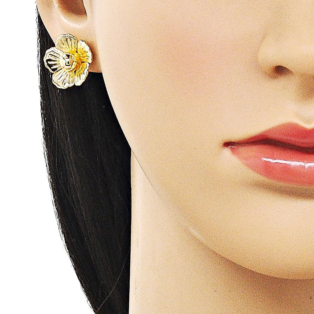 Oro Laminado Stud Earring, Gold Filled Style Flower Design, Diamond Cutting Finish, Golden Finish